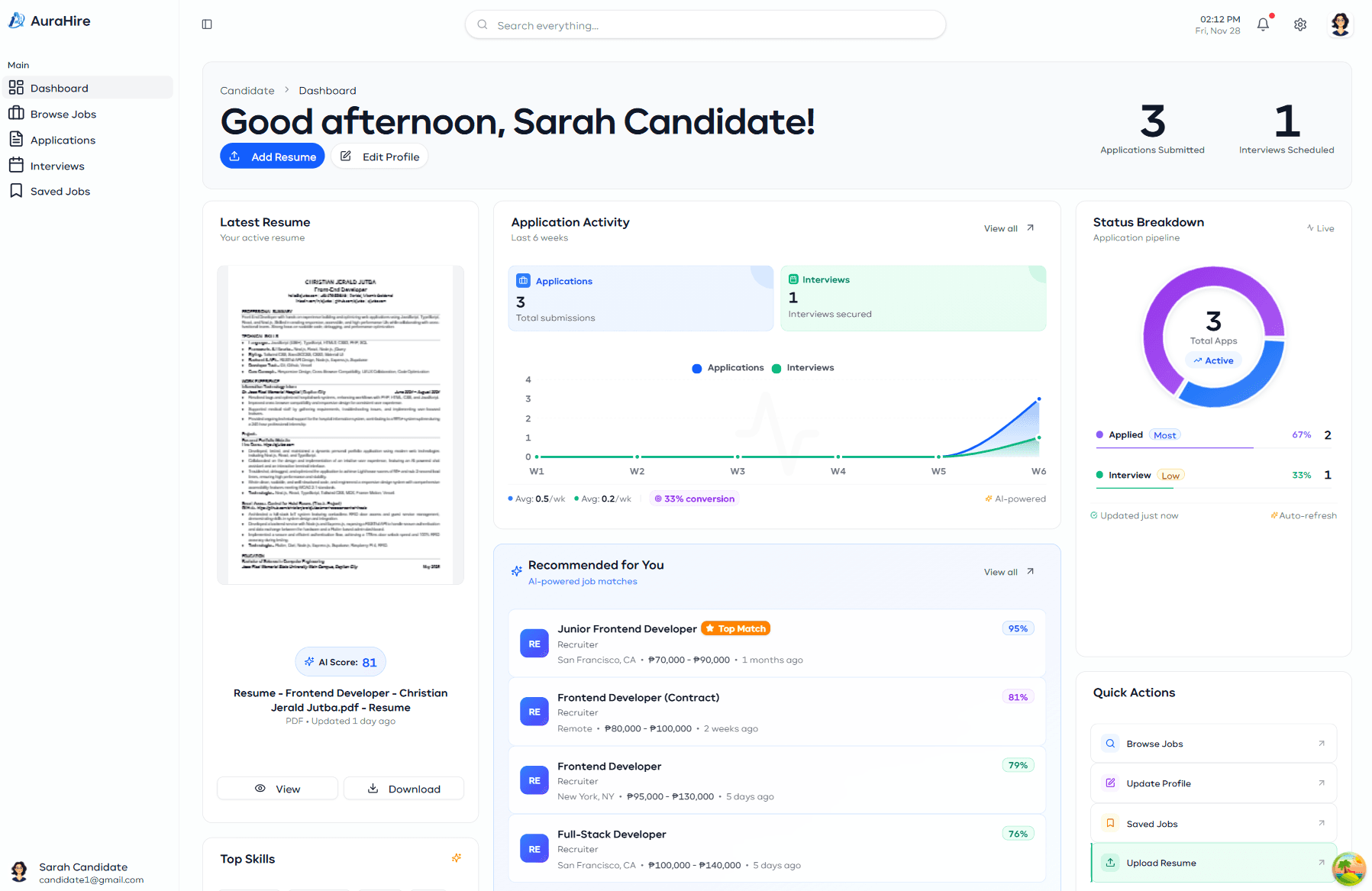 AuraHire candidate dashboard showing job applications and AI-powered recommendations